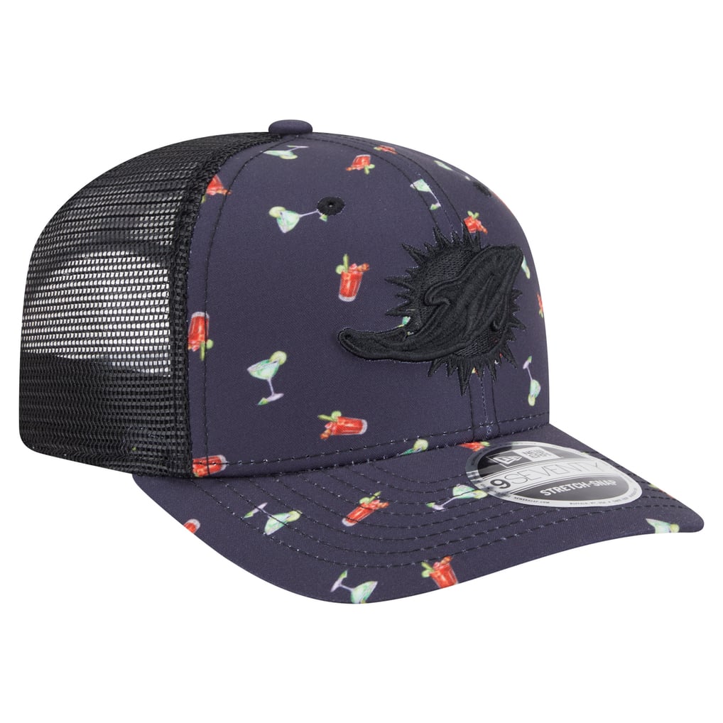 Miami Dolphins New Era Adventure Drinks Pattern 9SEVENTY Stretch-Snap Hat - Navy/Black